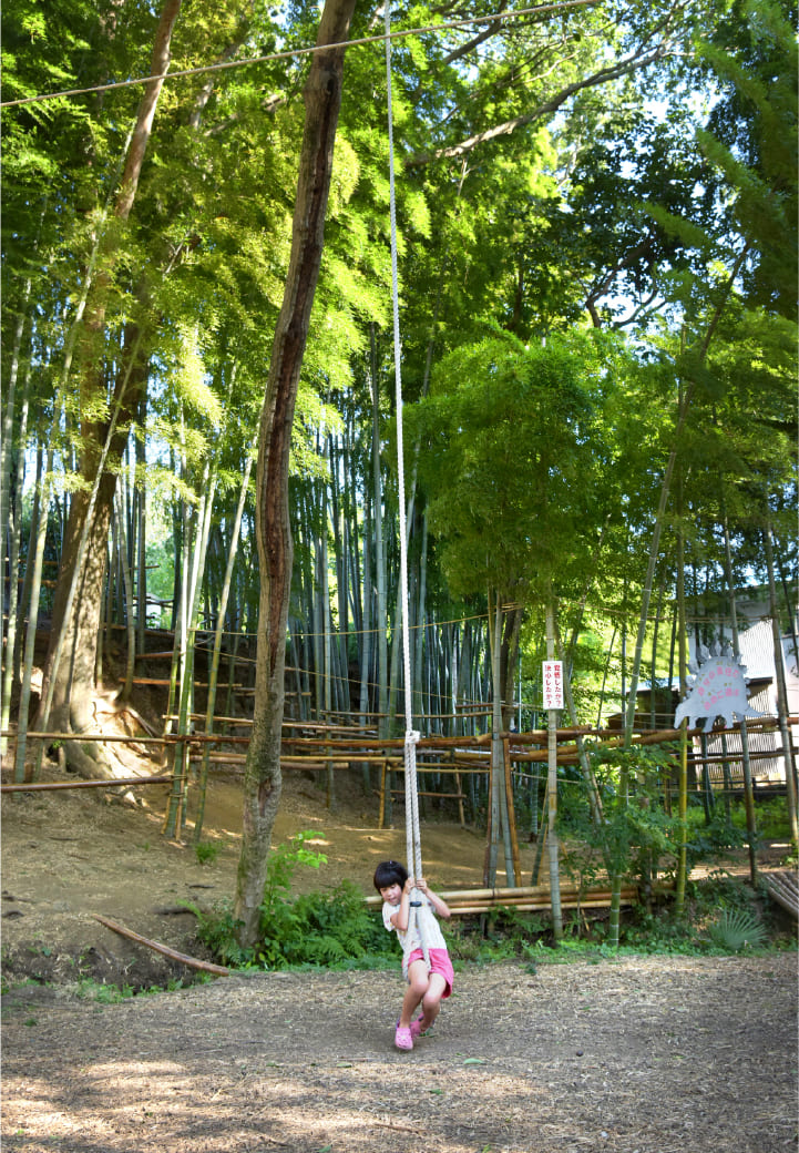 長いロープのブランコで遊ぶ子ども