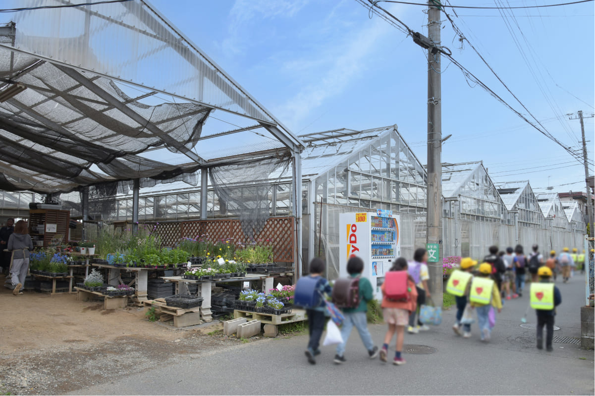 細い路地を歩く下校中の小学生達